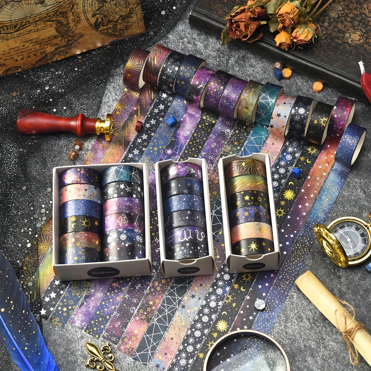 

Starry Night Washi Tape Set - 6/12 Rolls, & Silvery Stamping, Decorative Adhesive For Diy Crafts, Scrapbooking, Bullet Journals, Gift Wrapping