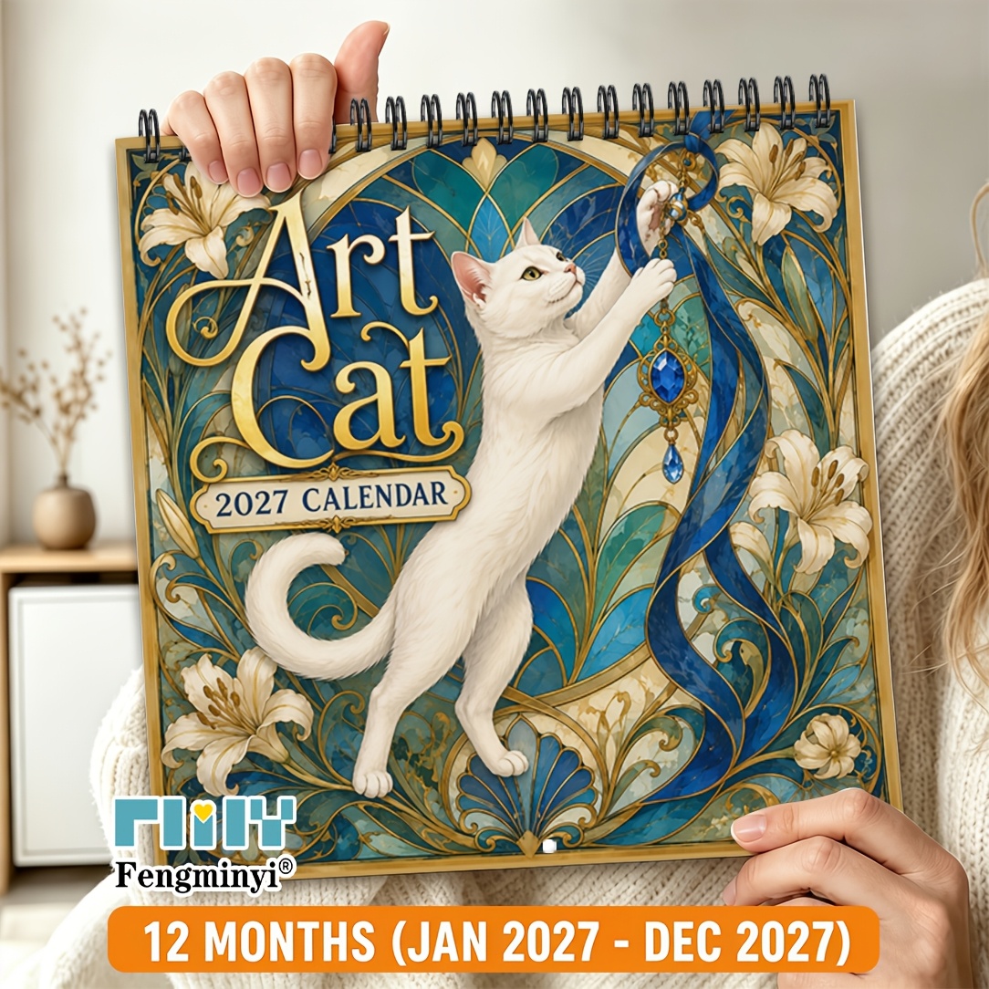 TEMU 1pc 2027 Style Artistic Cat Calendar, Spiral Bound 12-month Calendar, With Large Size Date Grid, Featuring Retro Style Floral Illustrations And