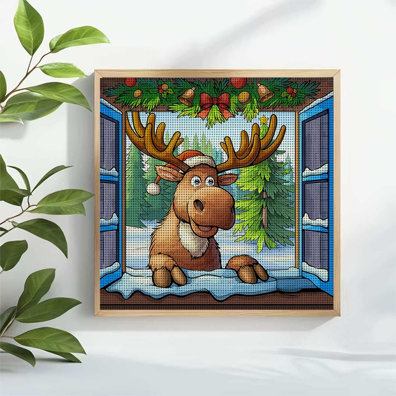 Moose Wearing Santa Hat Cross Stitch Kit for Beginners
