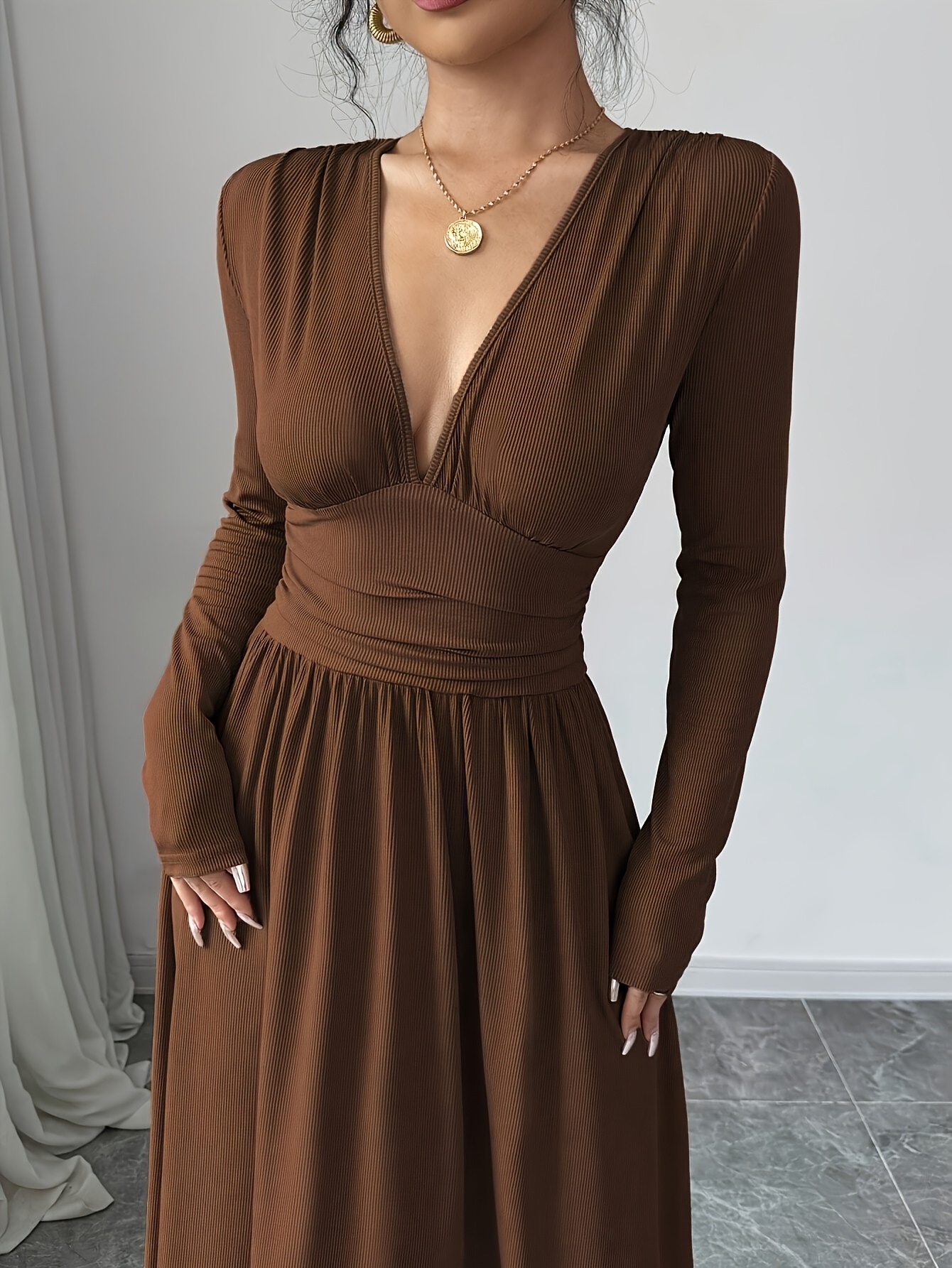 a stylish elegant long sleeve dress in brown a deep v neck - Temu Mauritius