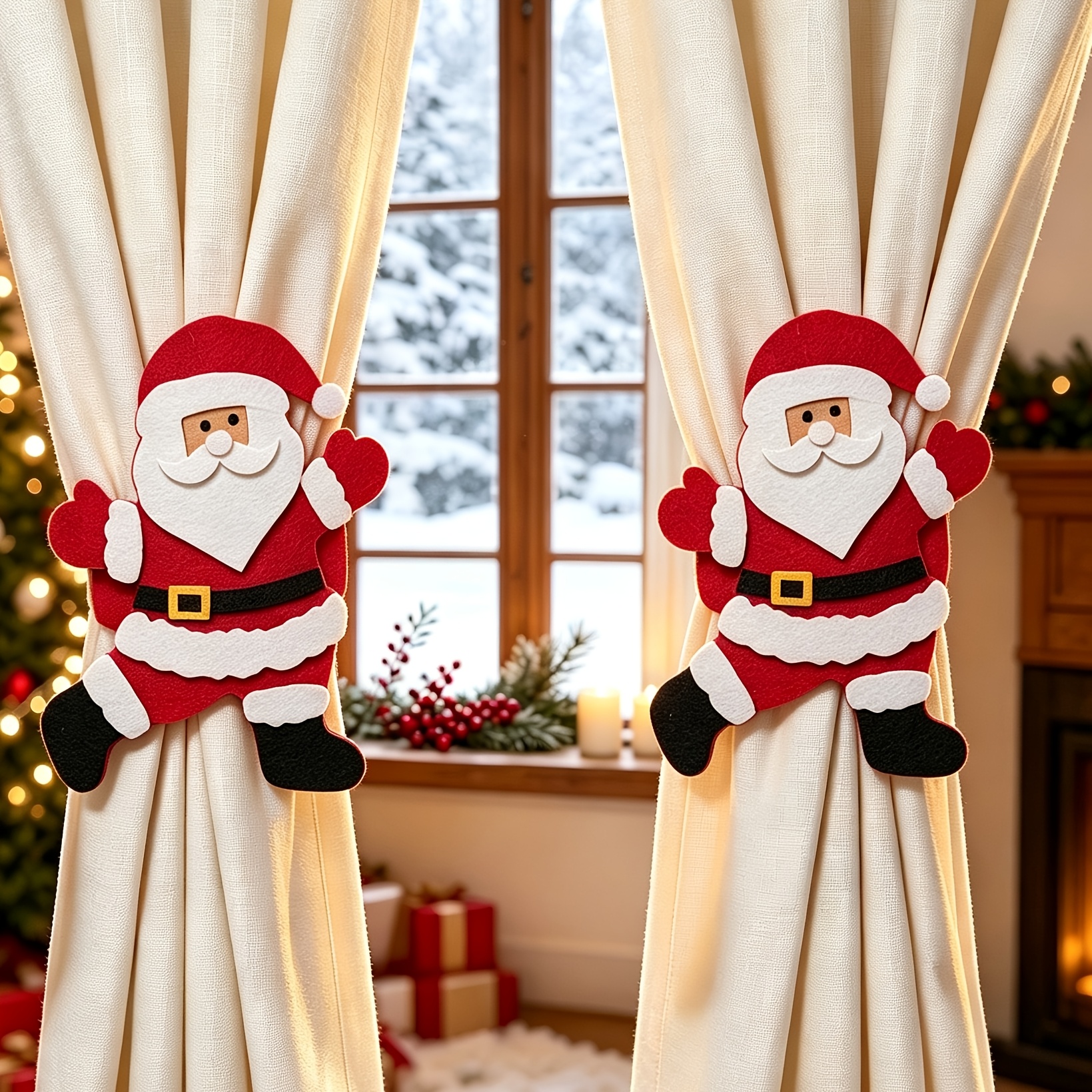 TEMU 2pcs Classic Santa Claus Curtain Tiebacks Suitable For Christmas Window Decorations, Red White Black Holders With Iconic Santa , Holiday Curtain