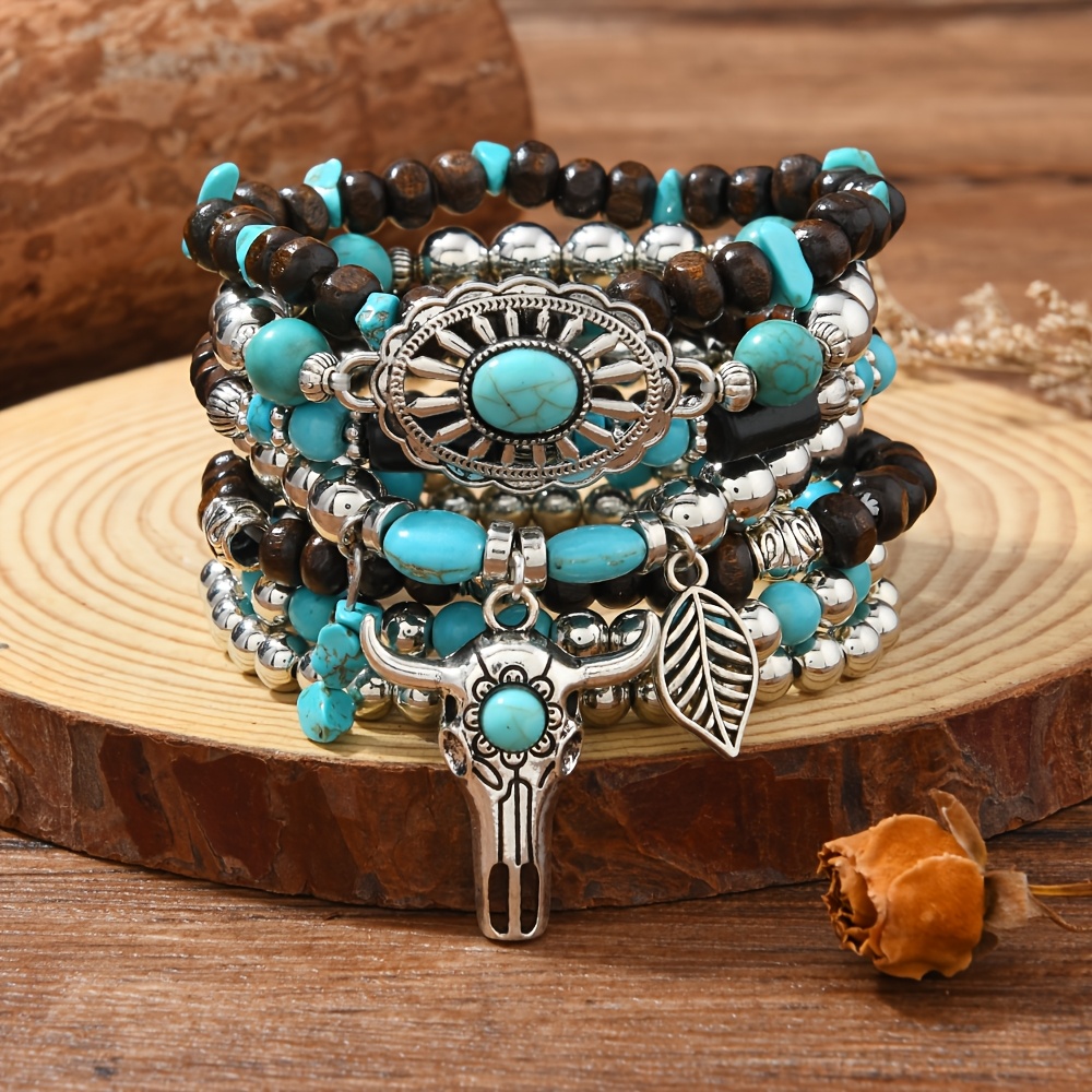TEMU 6/7/13pcs Western Cowboy-style Beaded Bracelet Set Turquoise Head, Heart And Feather Combination And Bohemian Holiday Gift Set, For Teenager