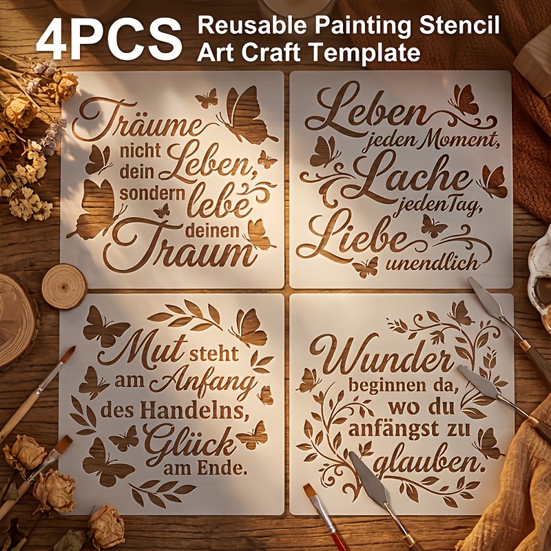 E-shop Ein Set aus 4 wiederverwendbaren deutschen Spruch-Vorlagen mit inspirierenden Zitaten und Schmetterlingsmotiven, geeignet für Stoffarbeiten,