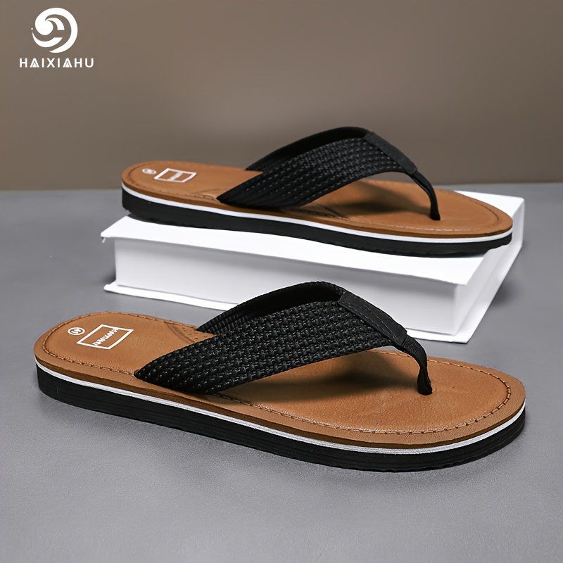 Image of Men's Woven Shoelace Slippers, Summer Korean Style Trendy Fashion Flip-flops, Comfortable Outdoor Beach Men's Slippers