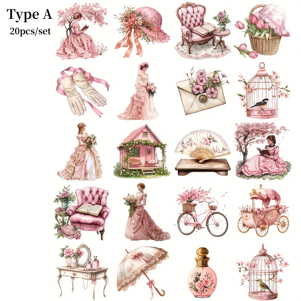 Image of 20pcs/set Creative Retro Victorian Countryside Garden House Pink Dress Victorian Sticker Decoration Handmade Diary Sticker Decoration Travel Notebook Sticker Diary Sticker Magazine Decoration