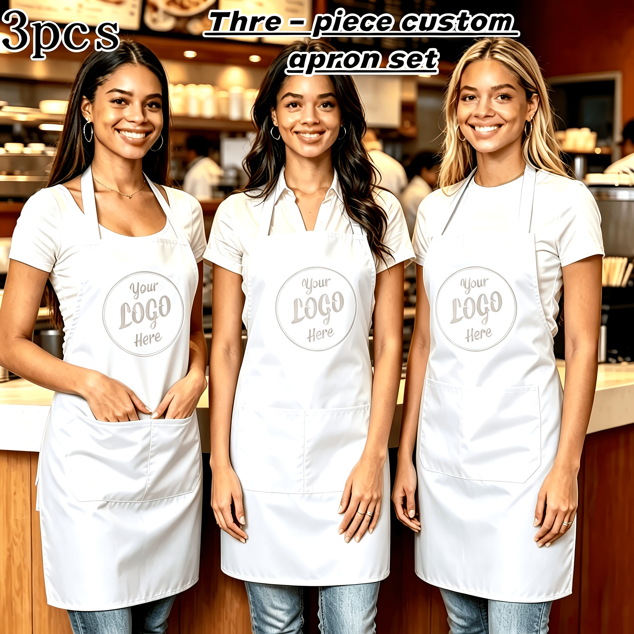 TEMU 3pcs Custom Personalized Photo Logo Text Apron Set, Adjustable Elastic Waist Apron, Suitable For Kitchen Use, With Pockets. Ideal Gift For