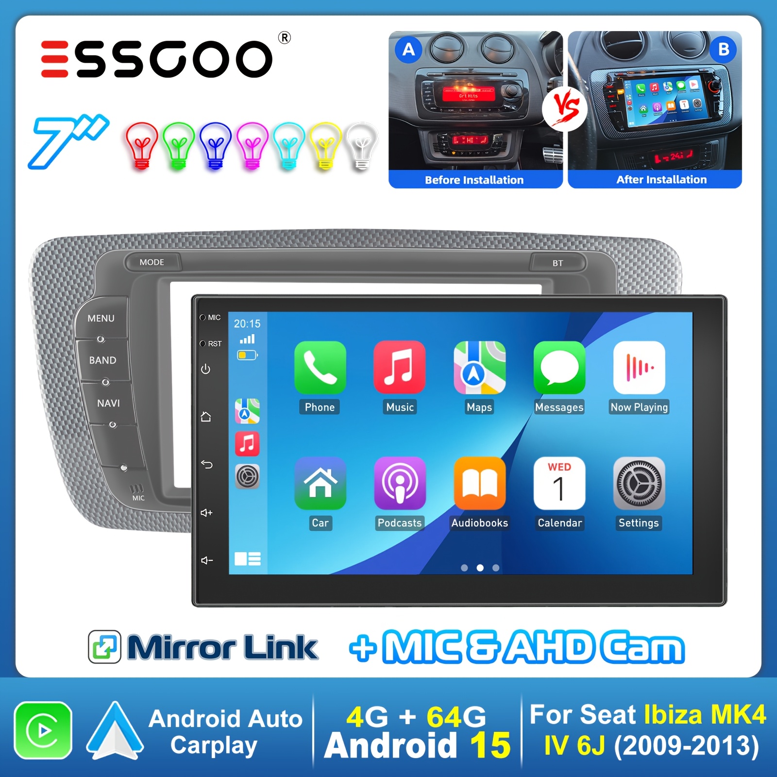 Essgoo 15 Car Stereo Compatible For Mk4 Iv 6j 2009-2013 Upgrade, & Auto, 7-inch Touchscreen With Wireless, Gps, Fm/rds Radio, Steering Wheel Control, Ahd Reverse Camera, , Usb/eq, Ai