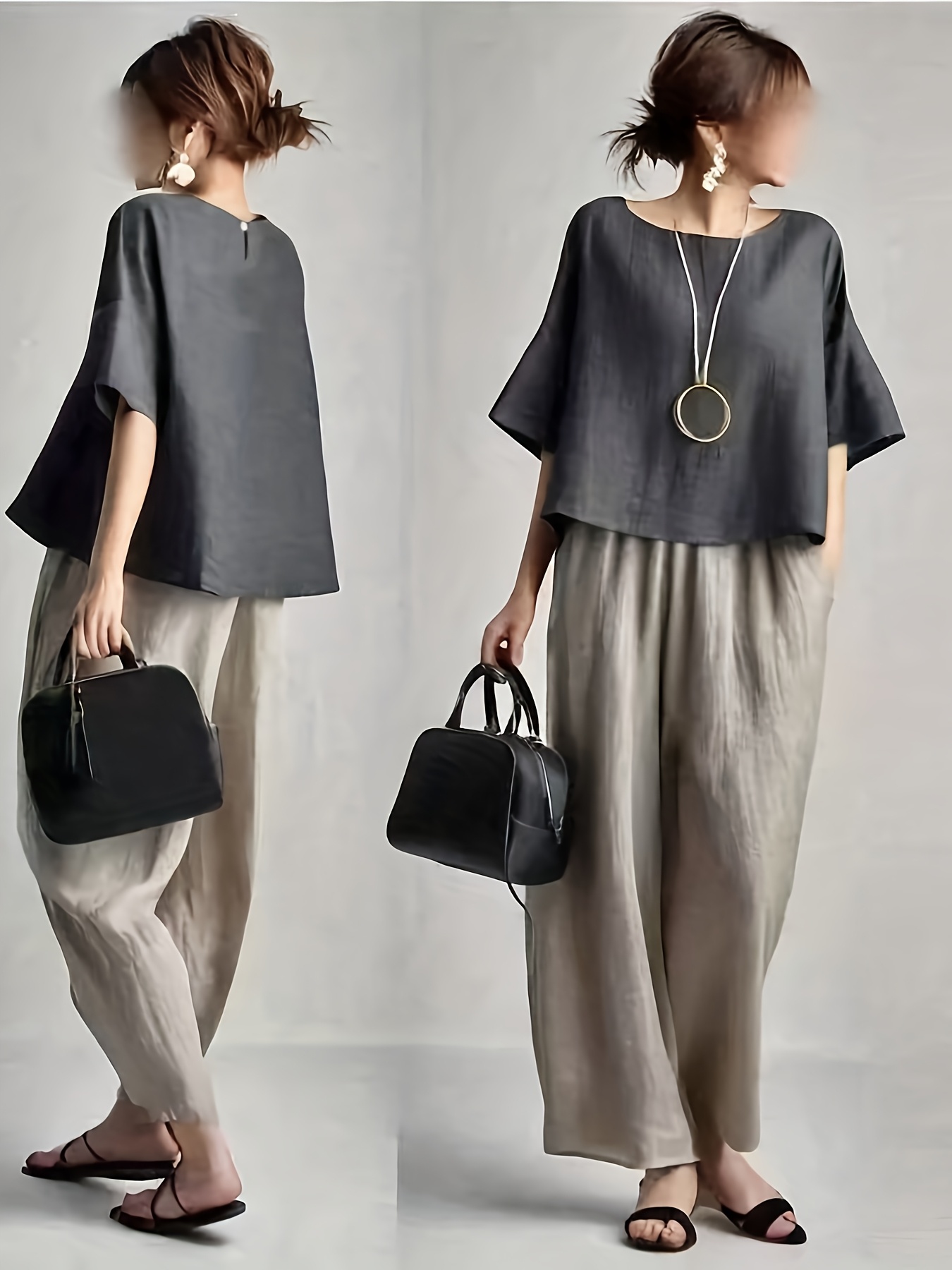 新作無地ブラウス＋ルーズワイドレグパンツのツーピースセット