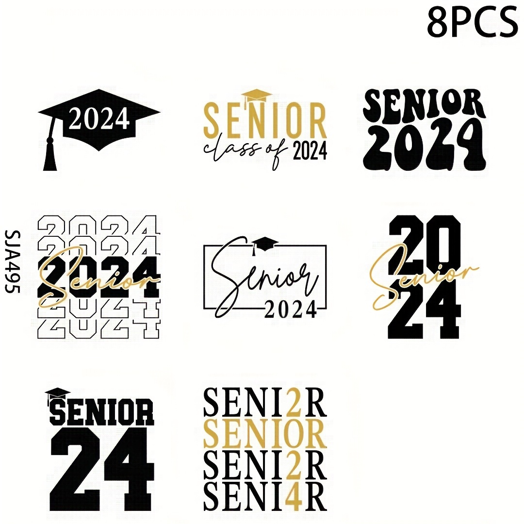 

8pcs Senior 2024 Pattern Uv Dtf Cup Stickers, Waterproof Sticker Pack For Decorating Mugs, Cups, Bottles, School Supplies, Etc, Arts Crafts, Diy Art Supplies