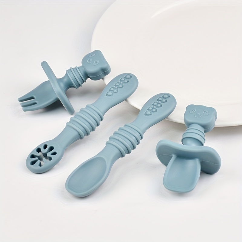 Image of 4pcs Set Of Baby Silicone 0-3 Years Old Spoon Baby Eating Special Feeding Rice Paste Spoon Toddler Cartoon Long Handle Short Handle Set Food Grade Soup Spoon And Fork