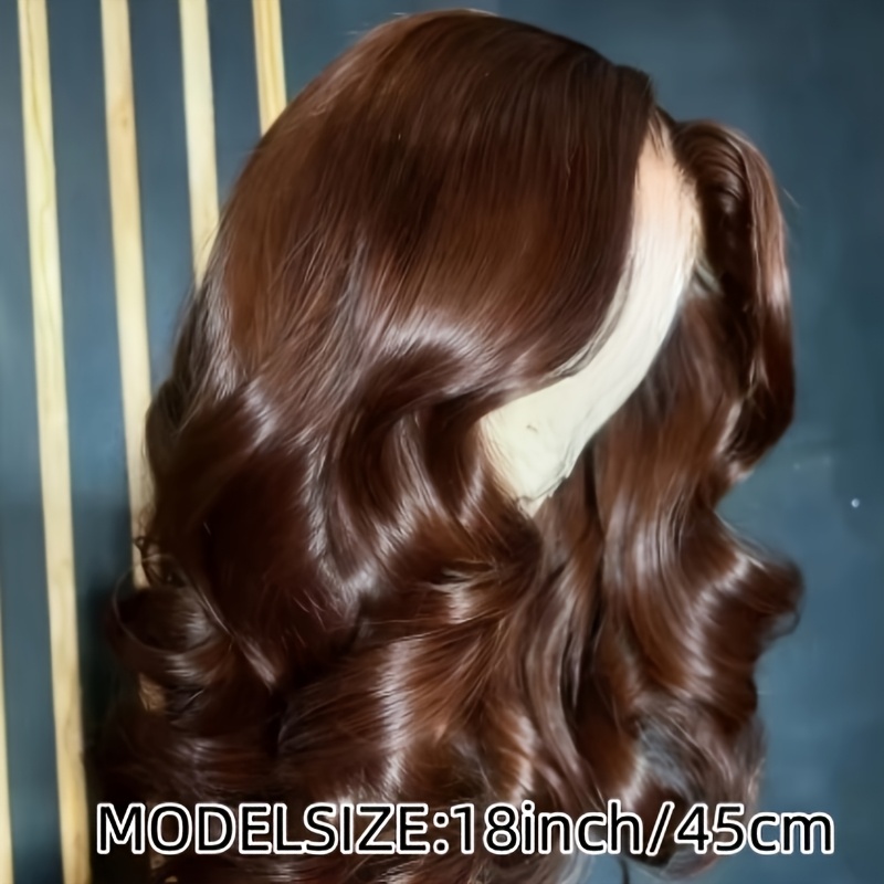 An Elegant 18-Inch Deep Brown Mid-Length Wavy Wig Made from Heat-Resistant Fibers, Featuring a Center Part Design for a Look. This Women'S Wig Is Suitable for All Ethnicities And Perfect for Everyday Wear, Parties, Formal Events, And Music Festivals