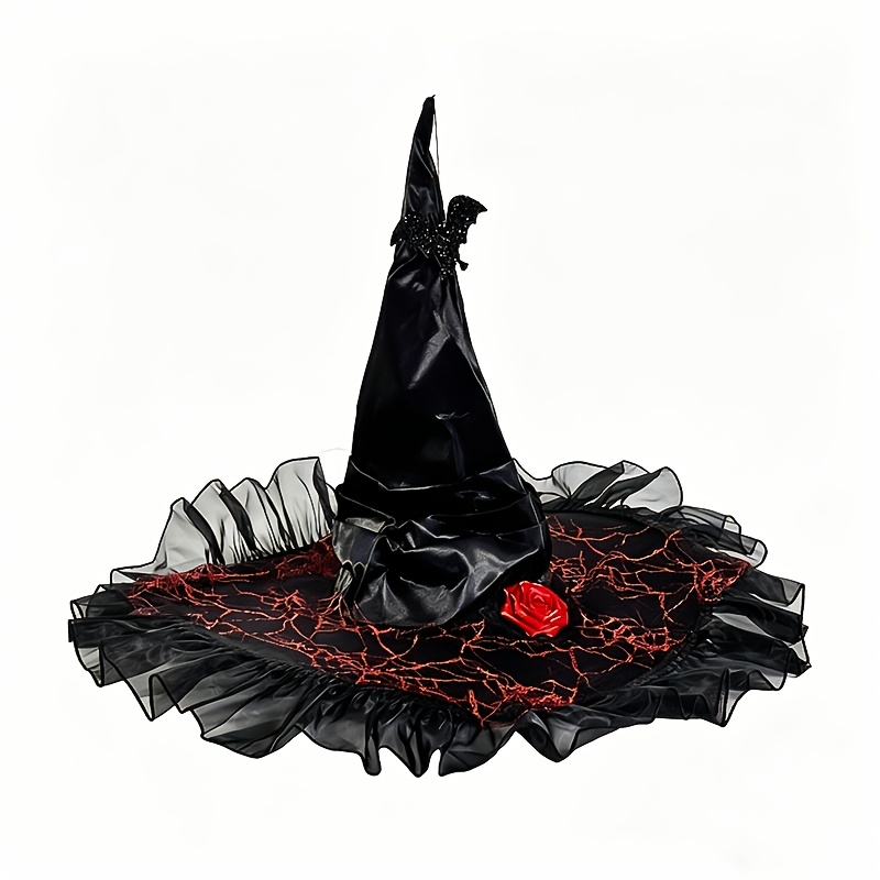 TEMU 1pc Halloween Chapeau de Sorcière Rose Toile d'Araignée Noir Rouge, Chapeau de Sorcière Chauve-Souris Violette à Volants, Costume Gothique Fête