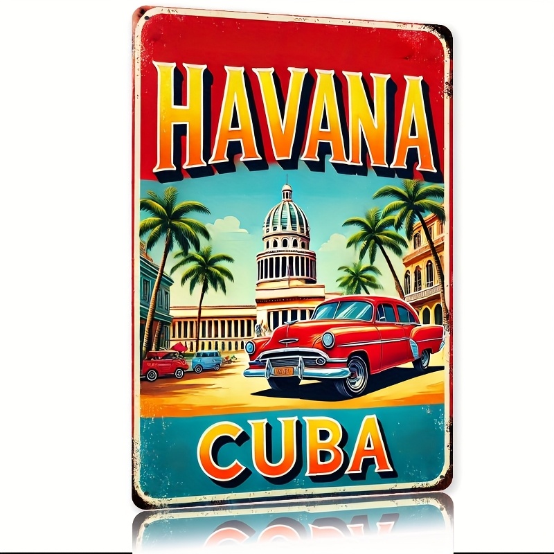 TEMU 2d Flat, 1pc 1pc 1pc Retro Cuban Sign - Classic Car & Capitol Wall Decor, Rustic Metal Tin Logo Suitable For Wall Hanging In, Farmhouse -