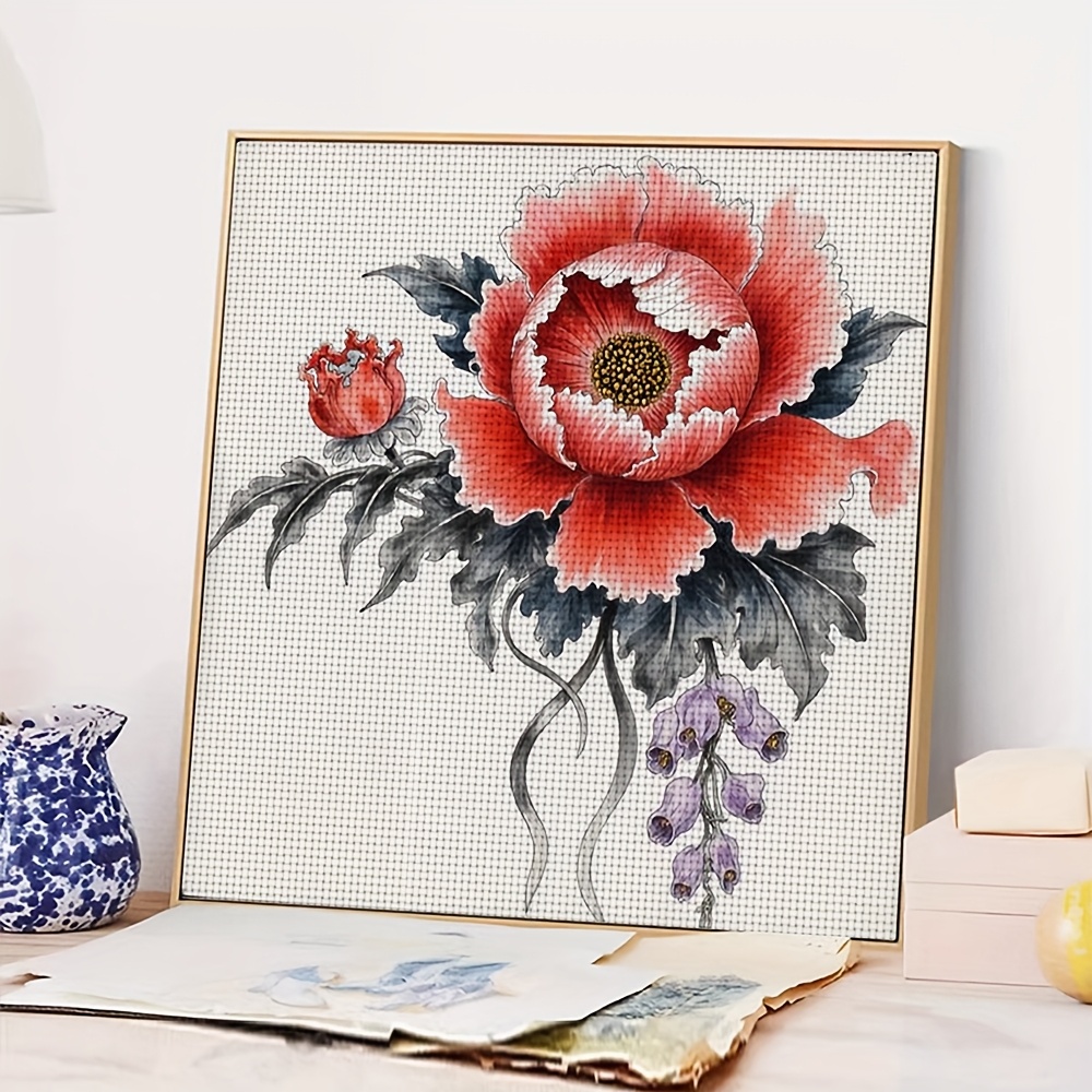 11CT Frameless DIY Cross Stitch Kit, A Painted Peony with Buds