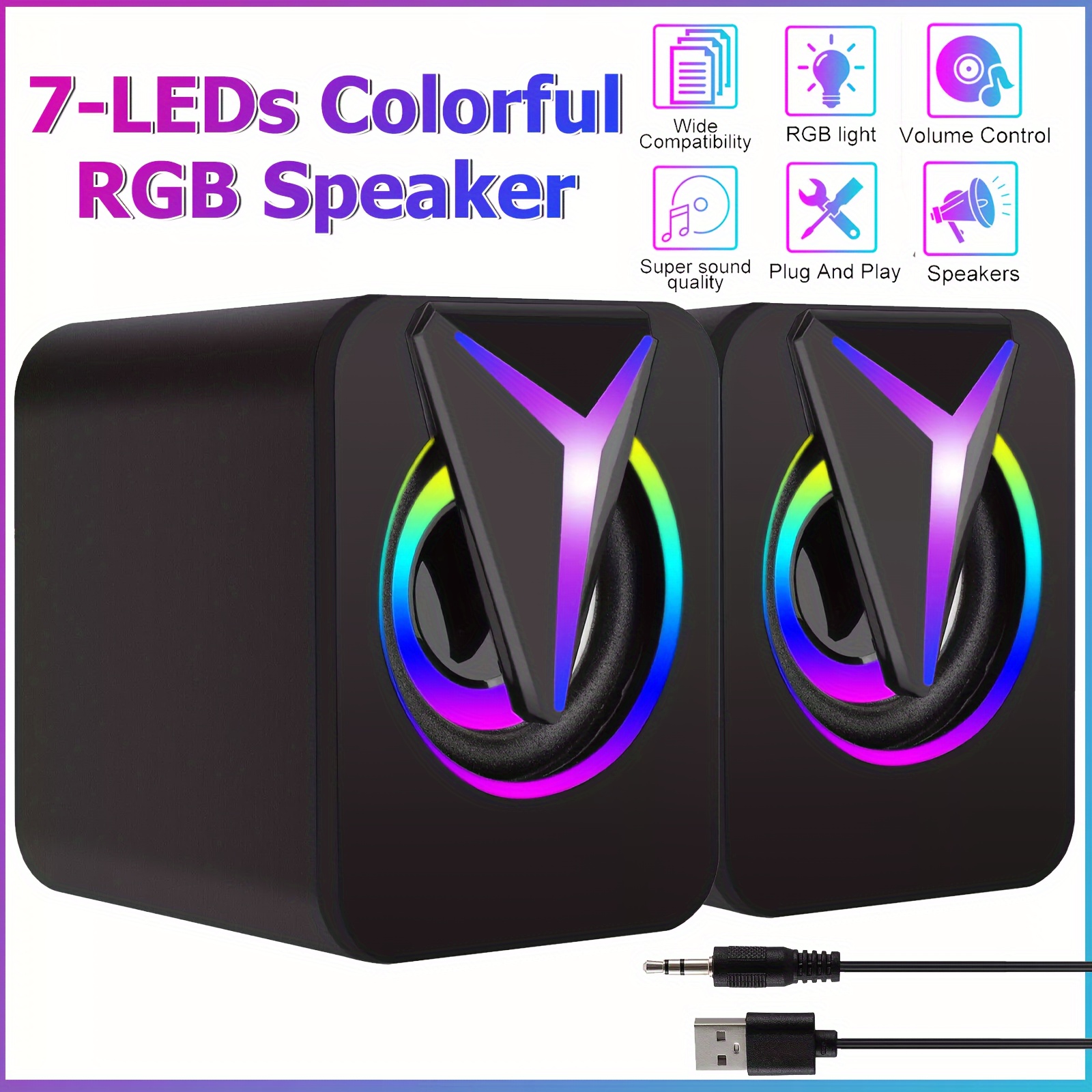 

Computer Speaker Usb Powered - 2.0 Mini Portable Subwoofer With Rgb Lights Volume Control 3.5mm Aux-in Hifi Desk For Pcs Laptops Tablet Phone