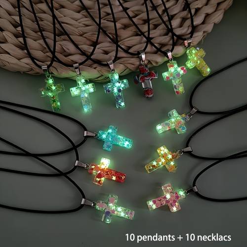 20pcs resin glitter cross luminous pendant necklace bulk multicolor luminous charms with black adjustable necklace cord for necklace jewelry making cute jewelry additions best holiday gift reward gift 10 pendants 10 necklace chains