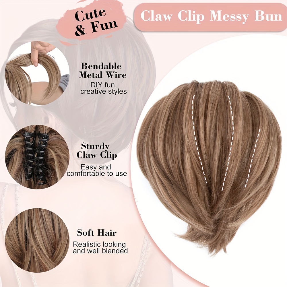 1pc elegant womens short ponytail extension with claw clip and   wires 10 straight hair messy bun   hairpiece diy styling options details 3
