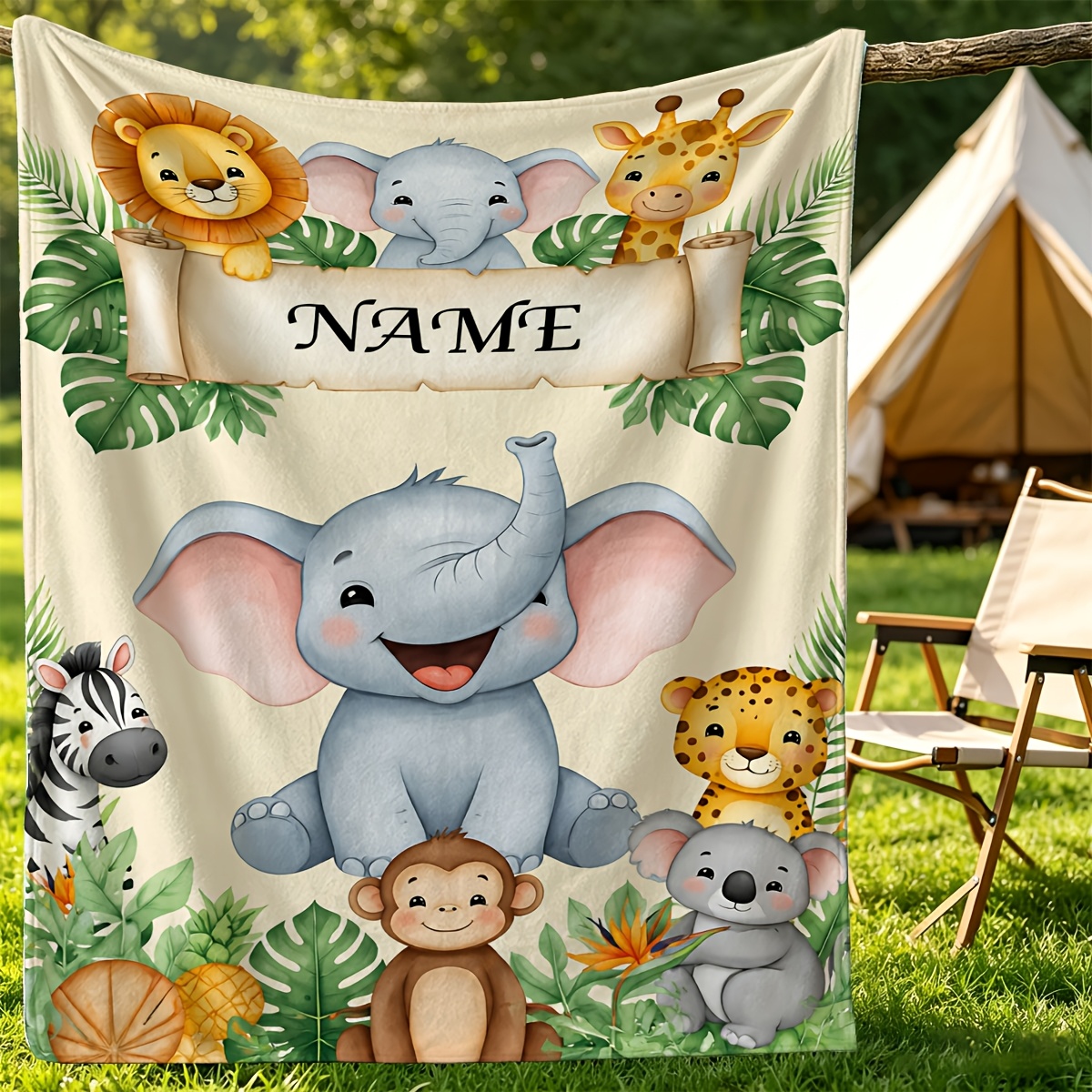 Custom Name Jungle Elephant Flannel Blanket, All-Season