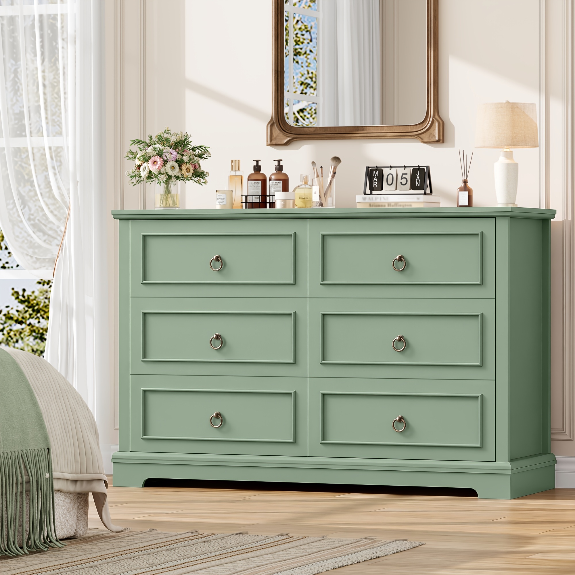Image of Kealive 6-drawer Dresser For Bedroom, White Dresser With Pulls, Storage Dresser For Living Room, Entryway, Hallway, Green
