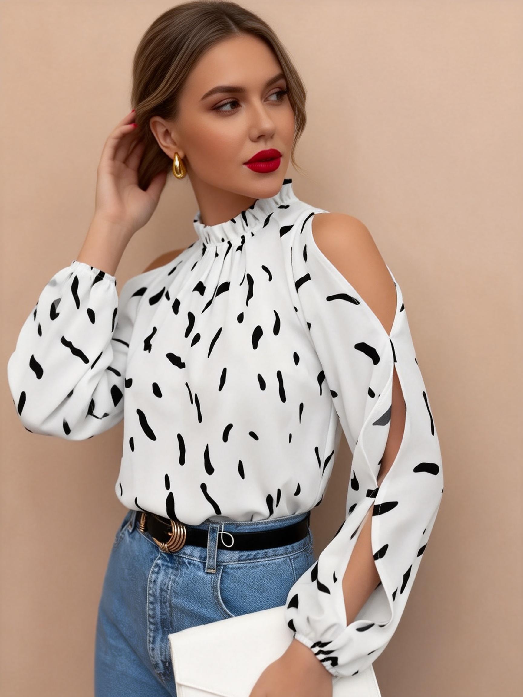 Blusa da donna elegante con colletto alla coreana e maniche corte traforate