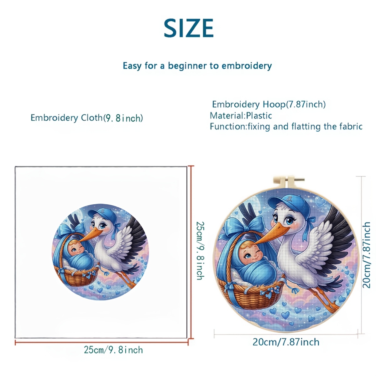 11CT Printed Fabric Cross Stitch Kit, Blue Hat Stork Design