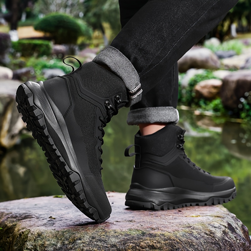 TEMU Sizes 39-48 Men's Black Outdoor Work Boots, Slip-resistant High-top Wear-resistant Hiking Shoes