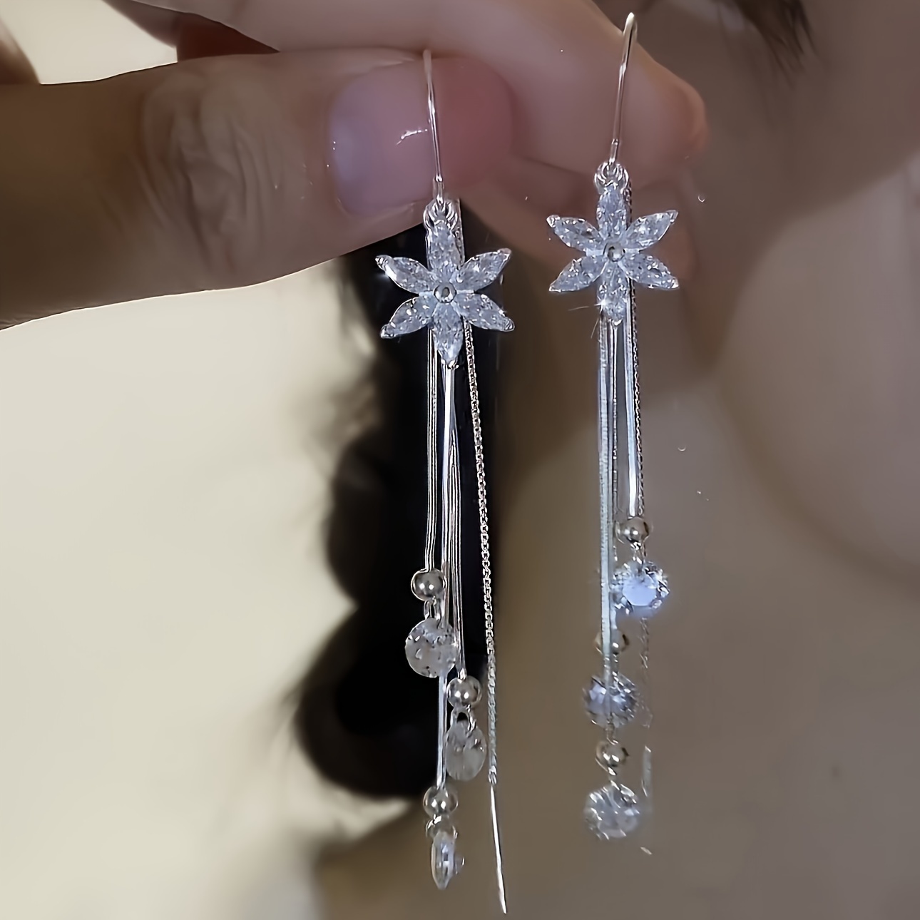 

925 Silver Long Tassel Flower Earrings Design Shiny Premium Earrings