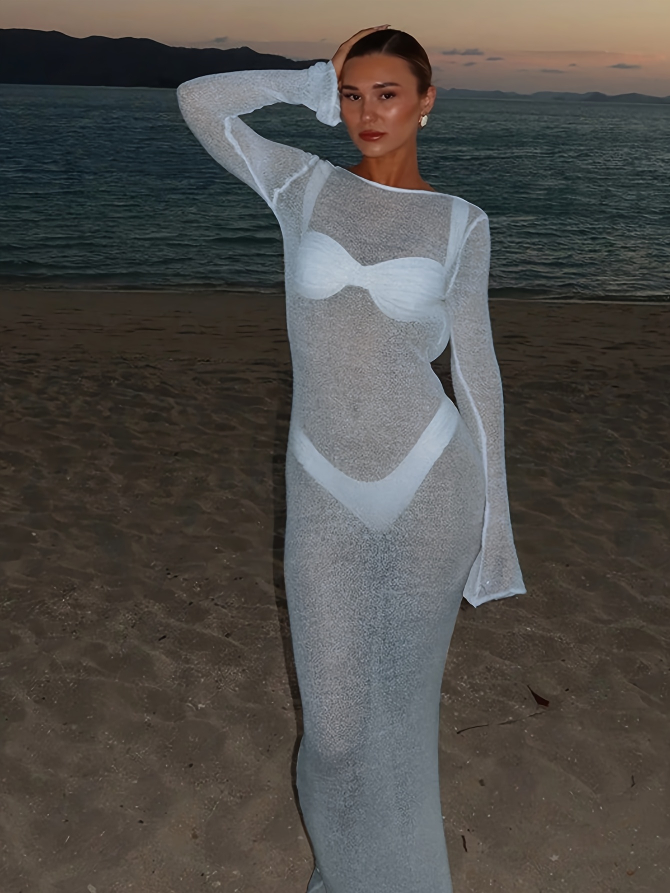 womens elegant long sleeve maxi dress semi sheer beach party