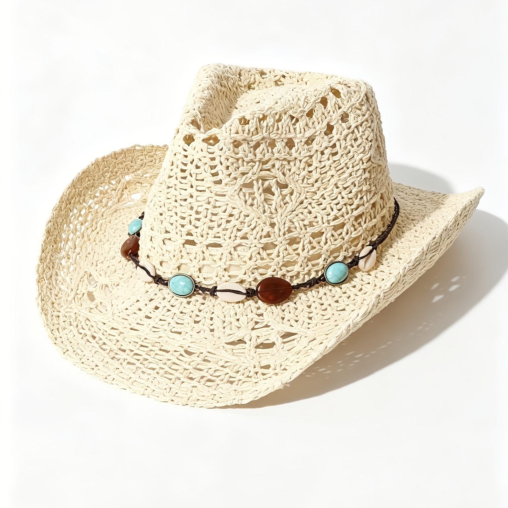 TEMU Cappello da cowboy da donna in paglia traforata stile western americano con fascia in perline di legno e turchesi, cappello da sole boh矇mien