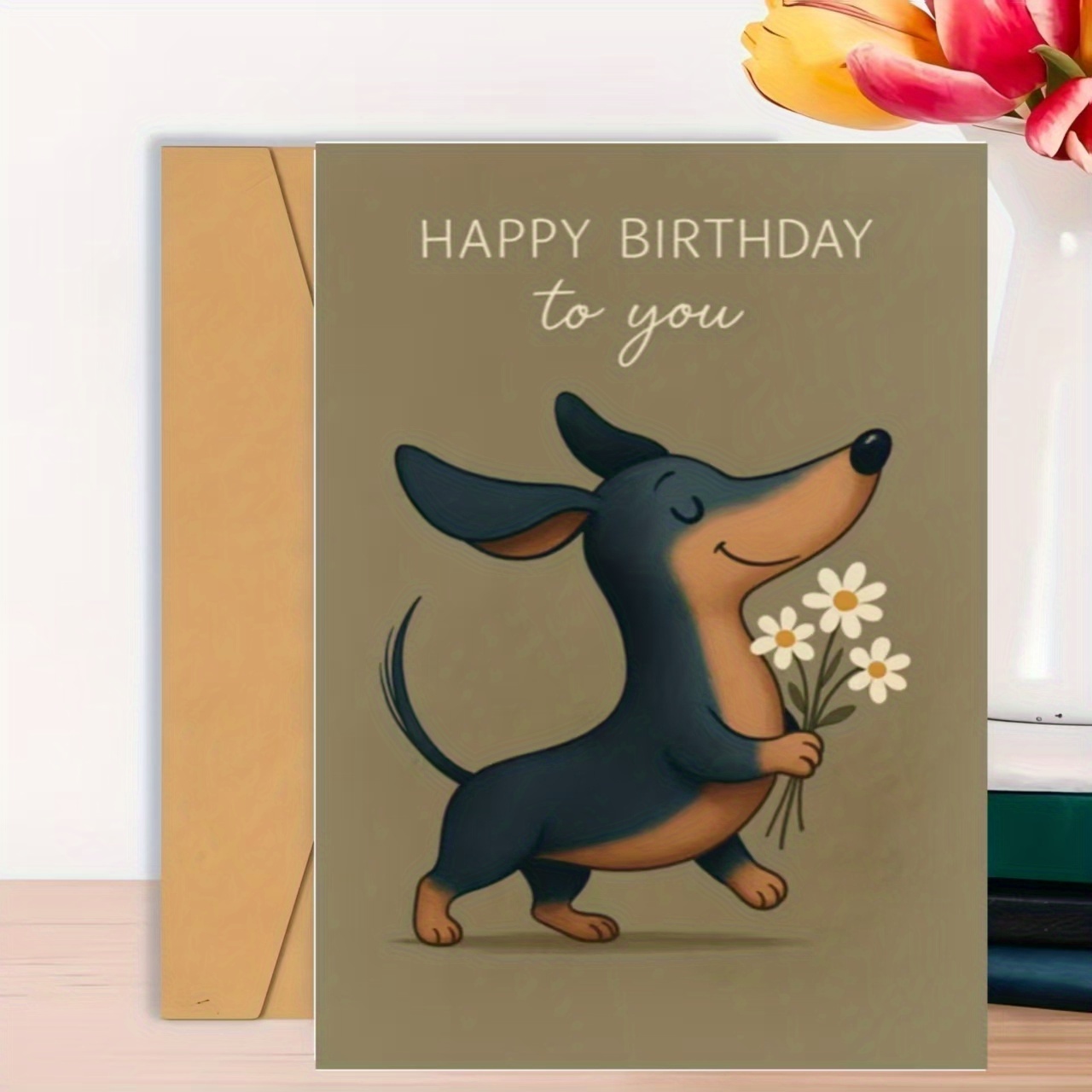 TEMU A Cute Dachshund Birthday Card For Dog Lovers - Unique Greeting Card With Flowers, Perfect For Pet Owners And , Includes Red Envelope, Ideal