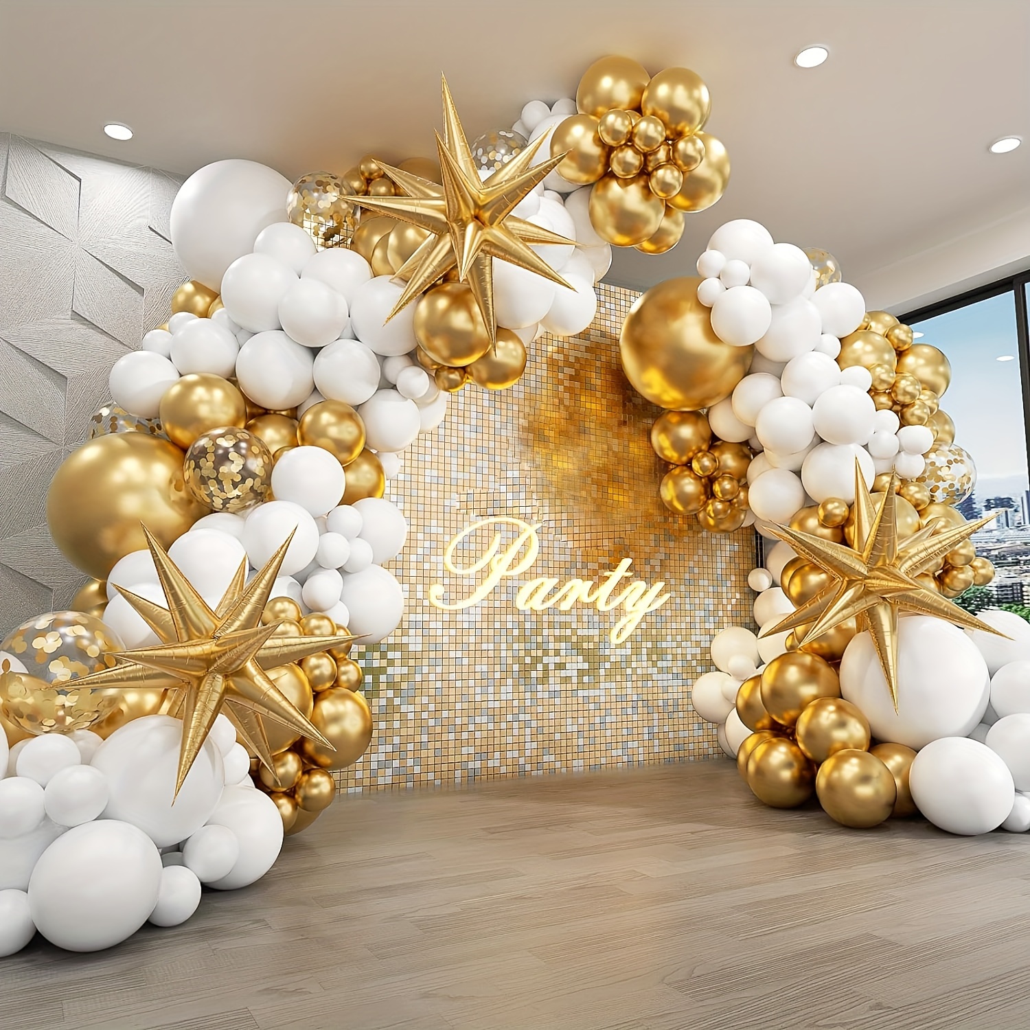 

121pcs White And Gold Balloons Garland Arch Kit With Starburst Foil Balloons Confetti Latex Balloons For Mother's Day Wedding Anniversary Birthday Party Decorations