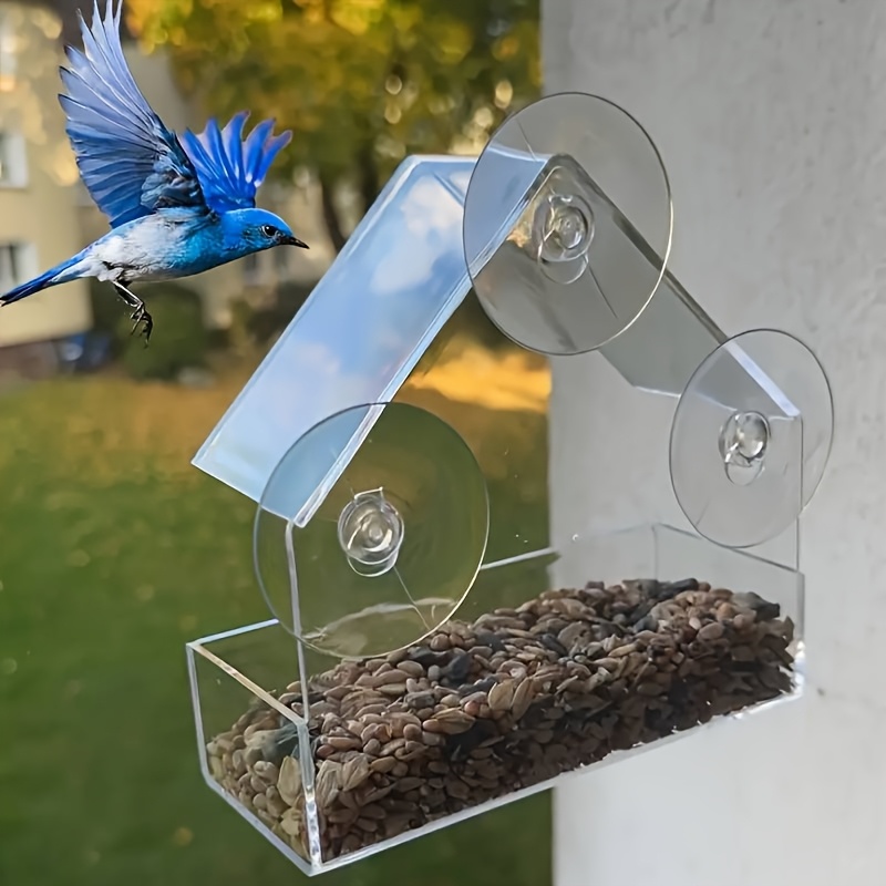 TEMU Acrylic Bird Cage And Feeding Device - Transparent Wall Mounted Design, Multi Port Feeding Port, Durable Outdoor Bird Rack For Small Birds, Safe