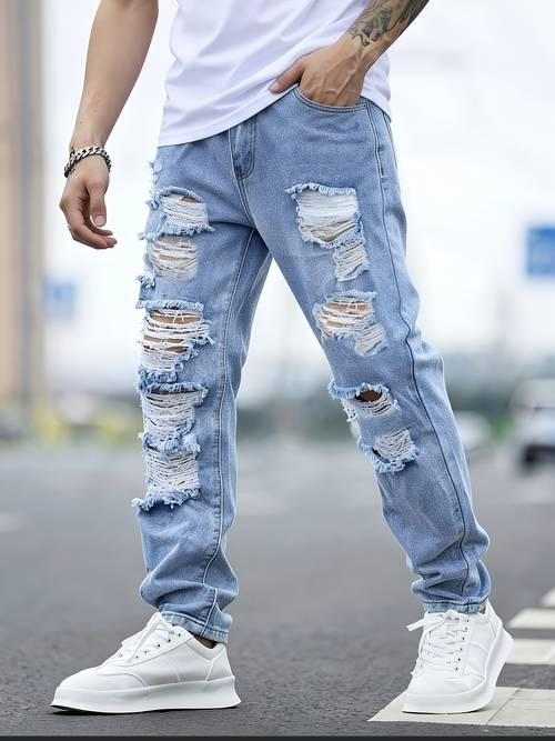 pantalones vaqueros de estilo hip-hop para hombre, color - pantalones de desgarrados de moda, corte , tela sin elasticidad, adecuados para uso casual en (cinturón/ no incluidos)