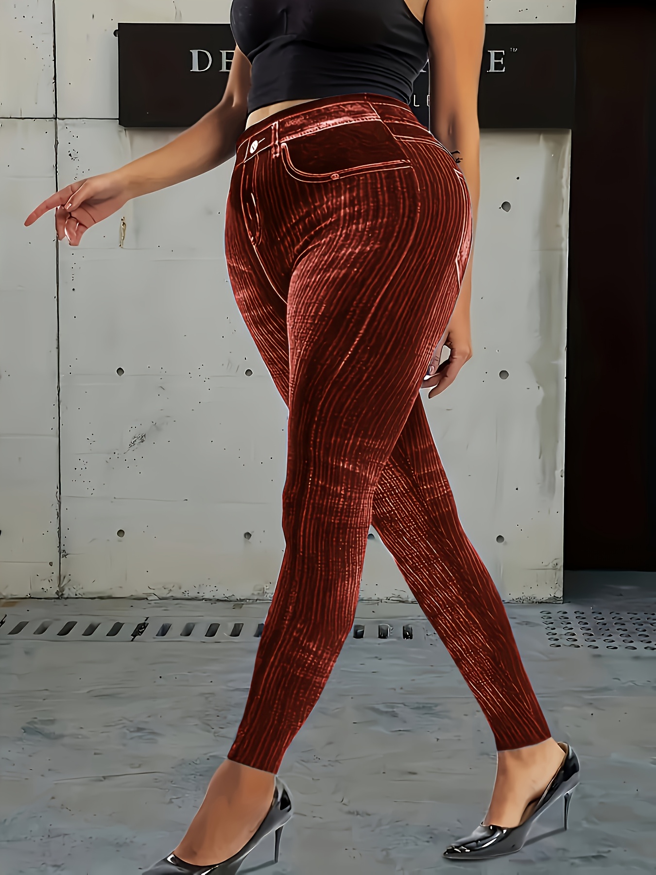 Women'S Plus Size Geometric-Pattern Skinny Pants, High Stretch Knit Fabric, Asymmetrical Detail, Polyester 95% Elastane 5%, All-Season Casual Base Layer Trousers, 180g/m?