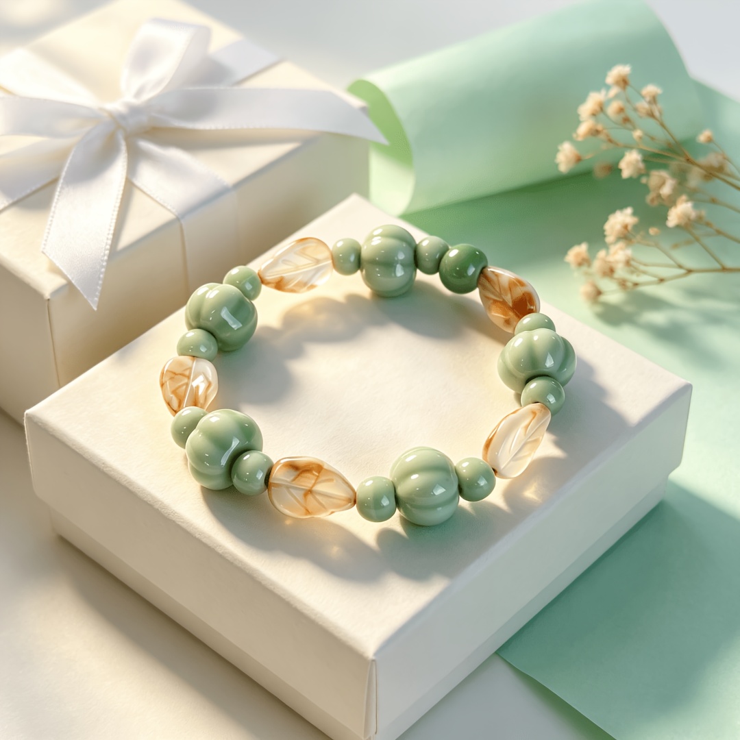 Celadon-Glazed Ceramic Pumpkin-Shaped Stretch Bracelet