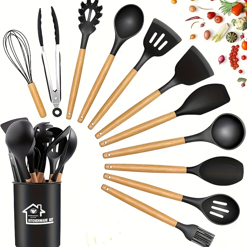 kitchen utensils set kitchen cooking utensils set spoon spatula 446f heat resistant 12pcs non stick food grade silicone and wooden handles kitchen tools set details 0
