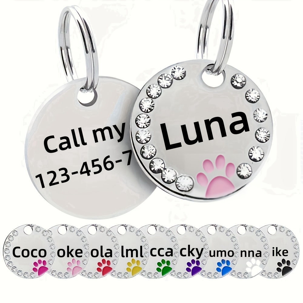 Personalized Engraved Crystal Pet Id Tag, Custom Round Iron Alloy Name Tag For Cats And Dogs, Suitable For Small And Medium-sized Pets