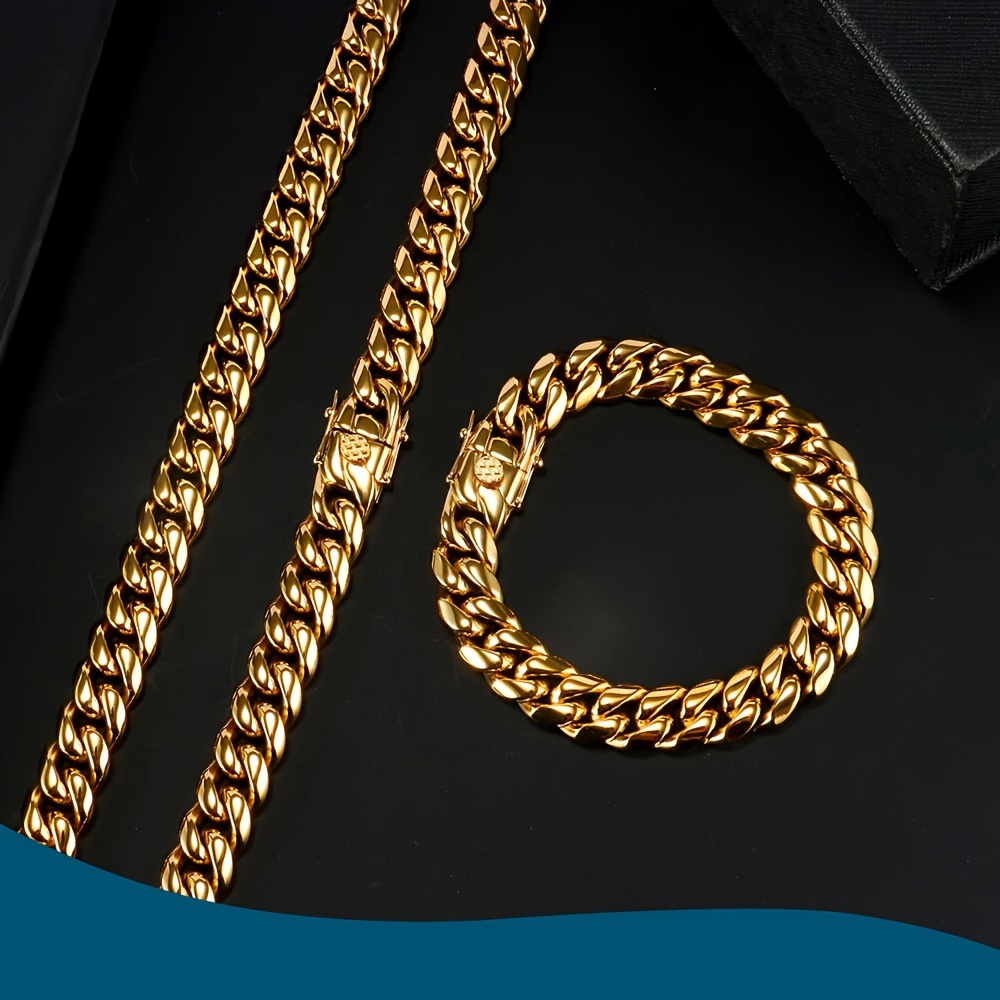 

10mm Wide Men's Golden Plated Stainless Steel Miami Cuban Link Chain Necklace With Design , Necklace & Bracelets Set, Size Optional 7.5"-30