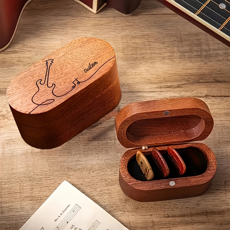TEMU Scatola porta plettri ovale personalizzata in legno massello a tre/quadri slot, scatola porta plettri per chitarra in legno massello, scatola