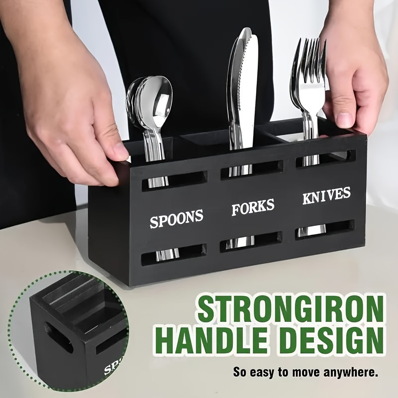 

Classic Wooden Kitchen Utensil Holder With Strong Iron Handle - 3 Compartment Storage Organizer For Spoons, Forks, Knives - Ideal For Home And Restaurant Use