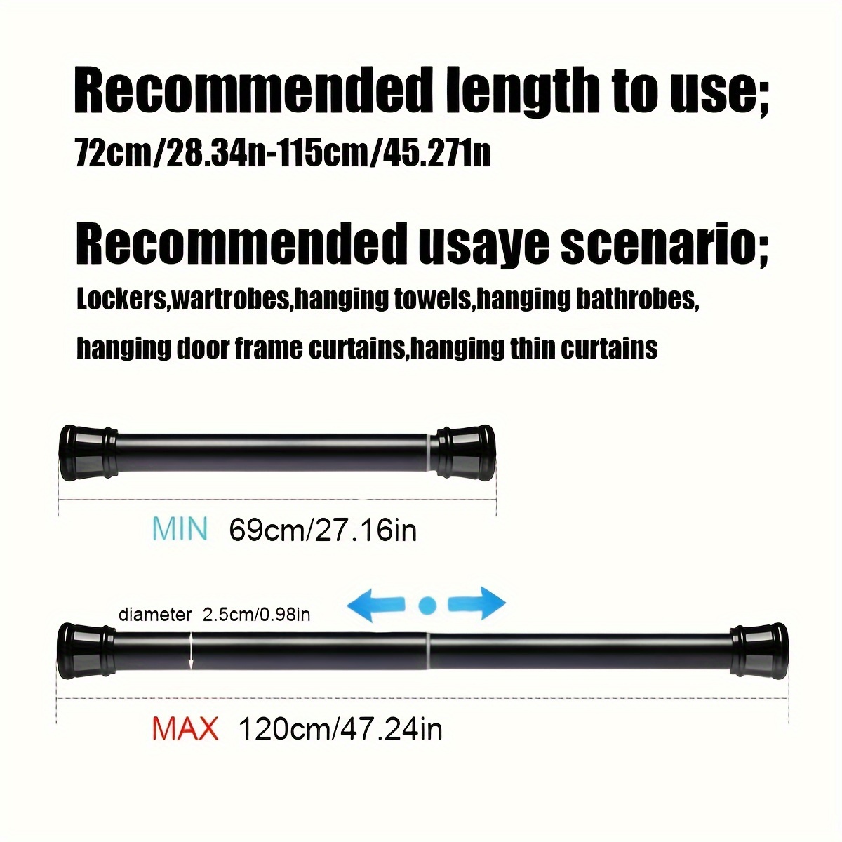 Image of Shipping, 1pc, No-drill Tension Pole With Built-, Strong Load-bearing Capacity, Ideal For Use As A Shower Curtain Rod, Drying Rod, Curtain Rod, Roman Rod, Wardrobe Support Rod, Or Door Curtain Rod