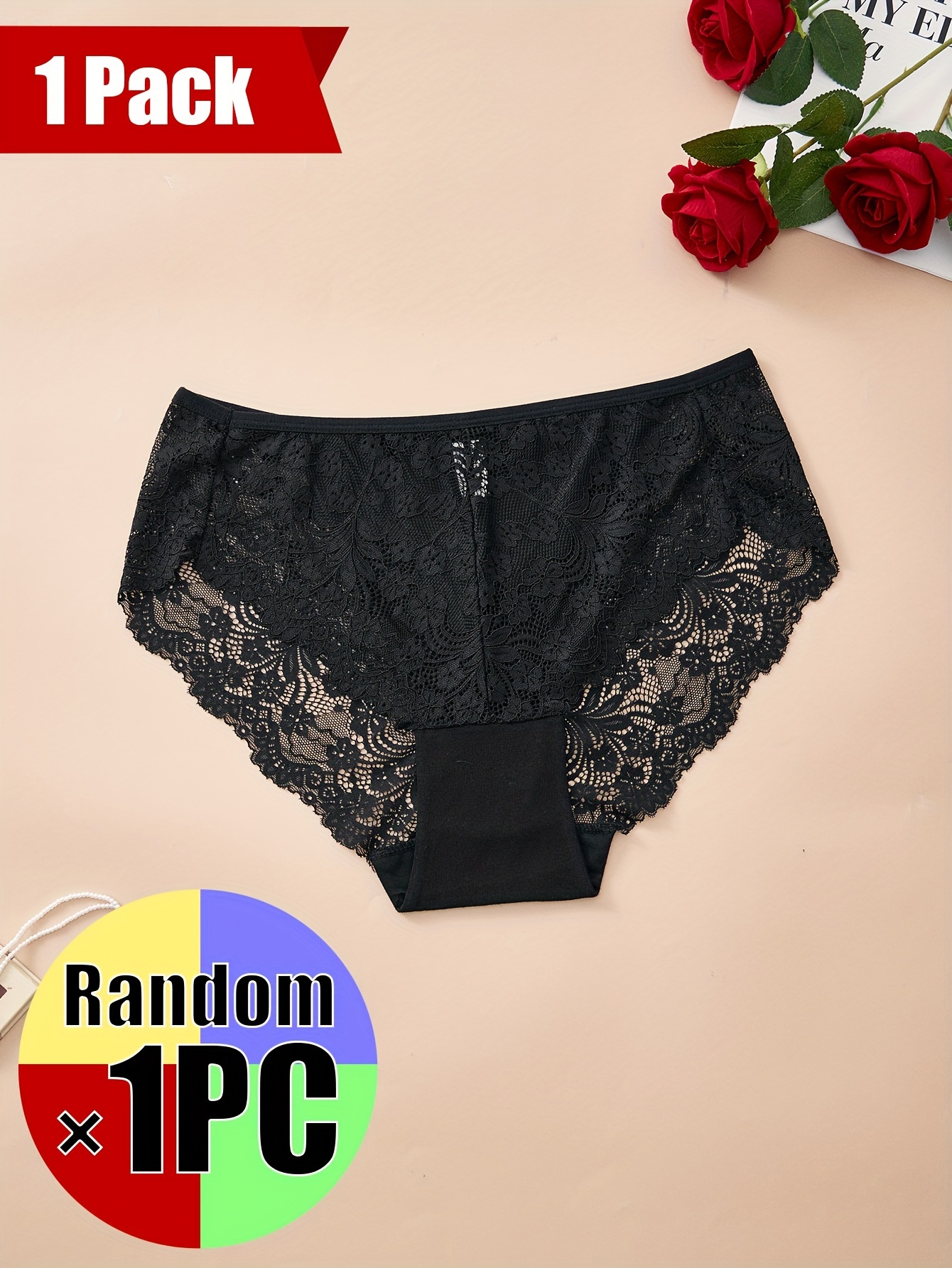 Plus Size High Stretch Polyamide Briefs with Contrast Lace Detail, Sexy Hollow Out Knit Fabric Panties for Women - 1PC Pack