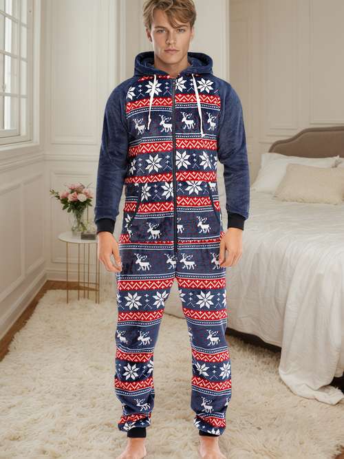 Mens One Piece Pajamas Basic Men Cotton Blue Bodysuit Pyjama Une