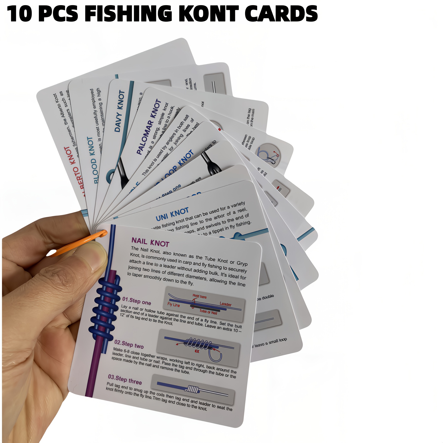 E-shop 10 PVC wasserdichte Angelknoten-Anleitungen – 20 Knotendiagramme – Doppelseitiger Farbdruck – Ideal für Meeresangeln Kunstköder-Angler