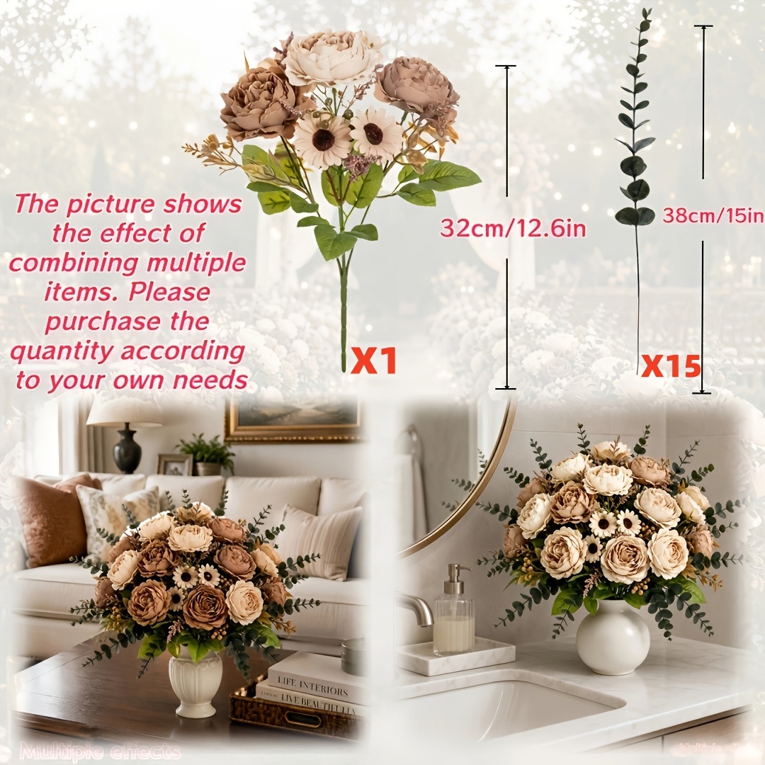 TEMU Ensemble de 16 pièces de fleurs artificielles simulées, bouquet de marron + combo d'eucalyptus, série aux chauds pour décoration de salon,