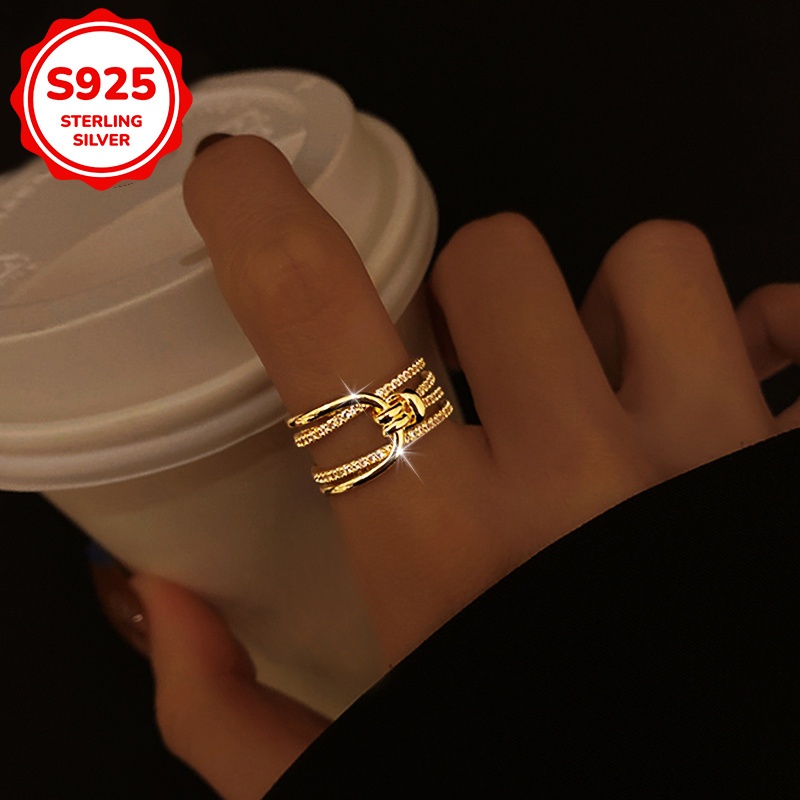 Women's Sparkling Zirconia Rope Knot Open Ring 925Silvery