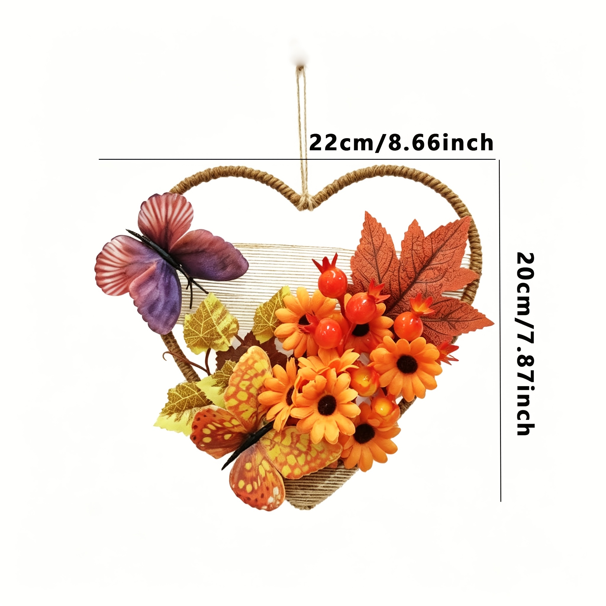 TEMU Autumn Thanksgiving Wreath With , Butterflies, Artificial Berries, And Sunflowers, Heart-shaped Decorative Wreath; Maple Leaf, Artificial Berry,