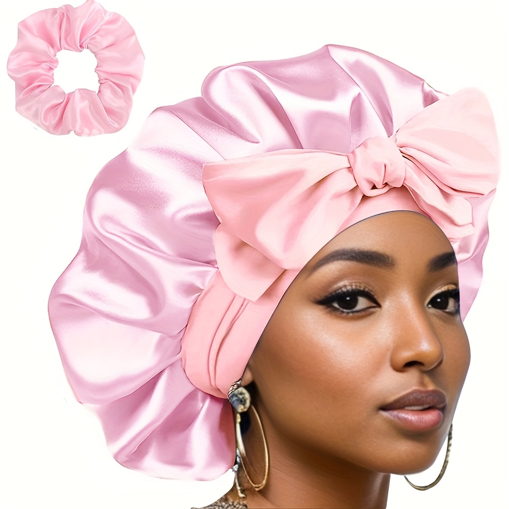 

2pcs/set Soft Silky Satin Bonnet Floral Cap & Scrunchies For Sleeping In Overnight Satin Cap, Adjustable Straps, Stylish Tie Band