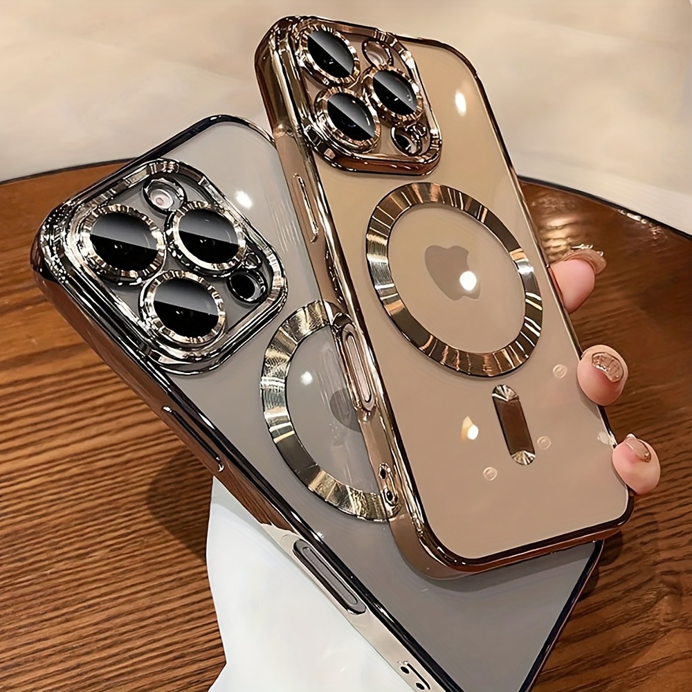 objektbild Lyxigt Pläterat Magnetisk Mobilfodral för iPhone 16 15 14 13 12 Pro Max & Plus – Genomskinligt med Linsbeskydd och Stötabsorberande Skydd, Trådlös Laddning