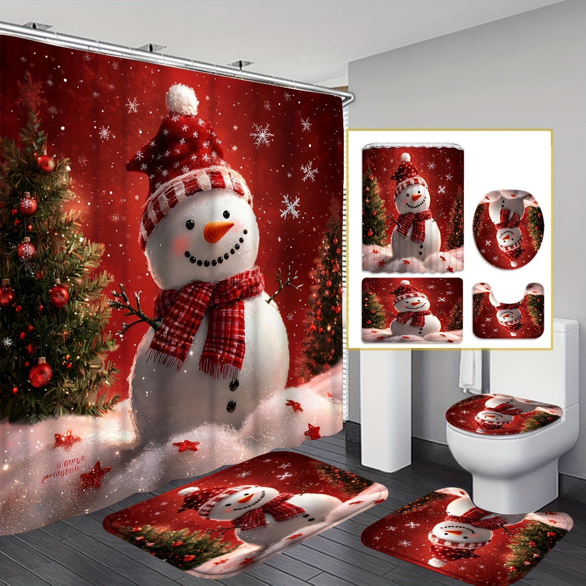 

1pc/4pcs Christmas Ornaments, Christmas, Pattern Shower Curtain, 12 Shower Curtain, Bathroom Rug, U-shaped Mat, Lid Mat, Bathroom Decorations, Bathroom Shower Curtain Set Christmas